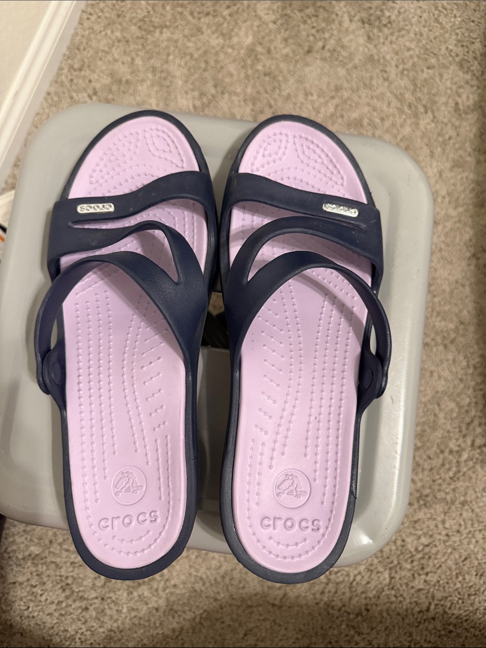 CROCS Navy and Light Pink Dual-Strap Slide Sandals